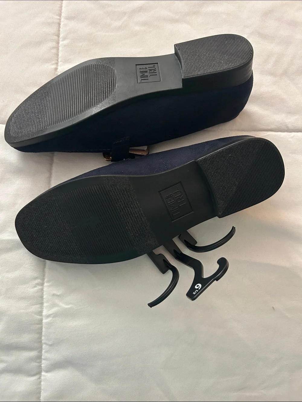 Time and Tru Black Suede Loafers with Gold Buckle Accent
